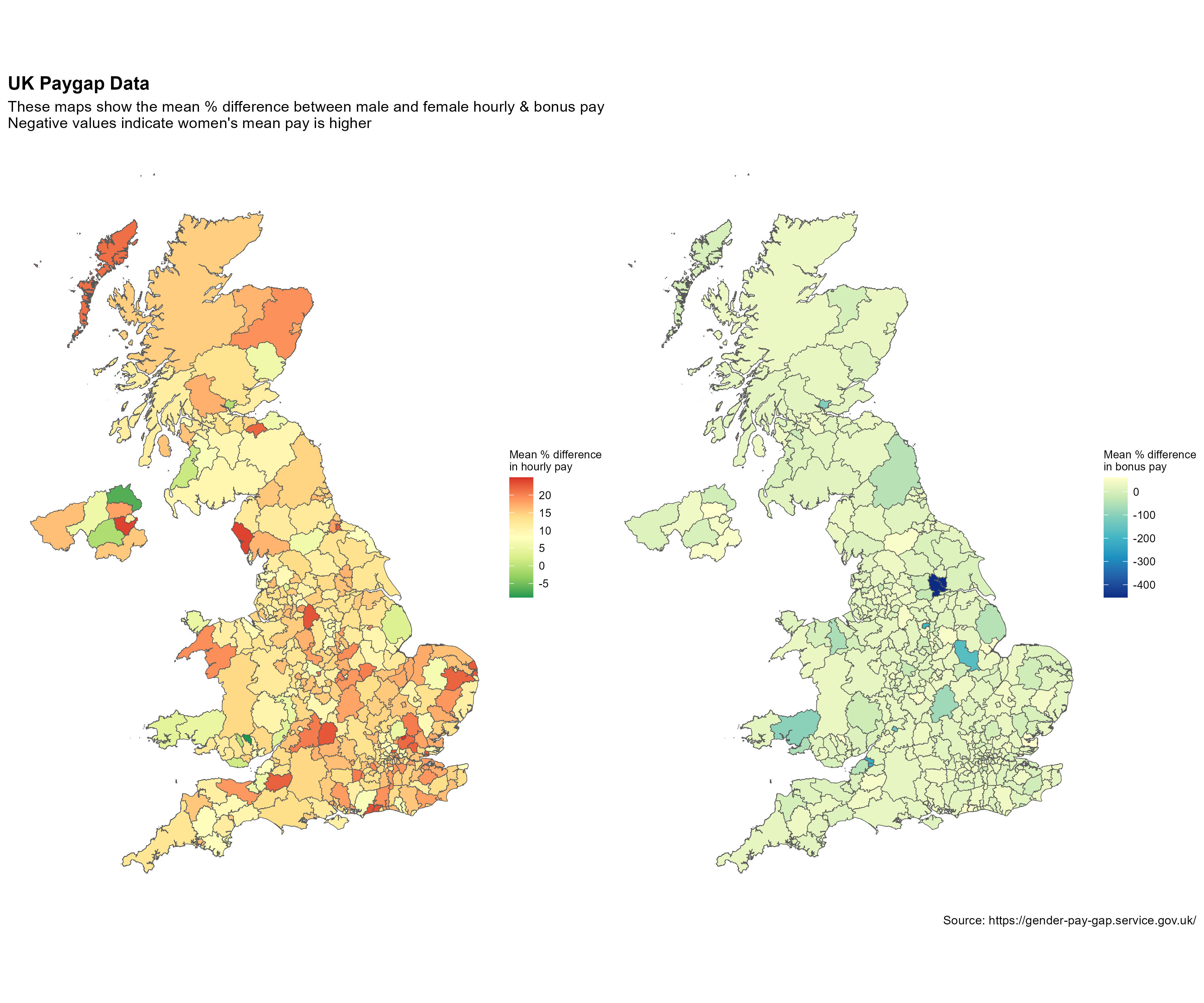 Two plots showing regional pay gap differences in the UK